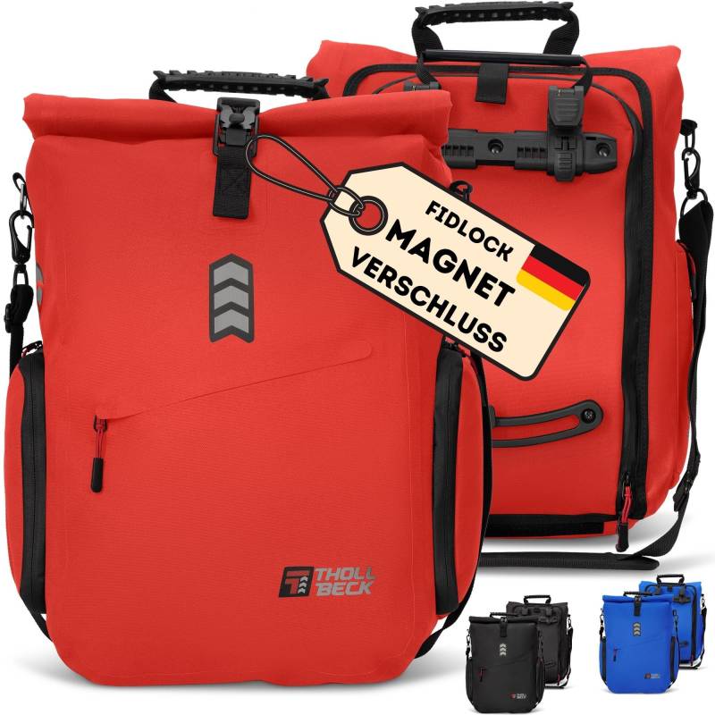 THOLLBECK Impuls 3 in 1 Fahrradtasche & Fahrradrucksack mit MAGNETVERSCHLUSS (23-27l) - wasserdicht für Gepäckträger bei Fahrrad & E Bike -Mountainbike Rucksack Herren & Damen mit Laptopfach (Rot) von Generisch