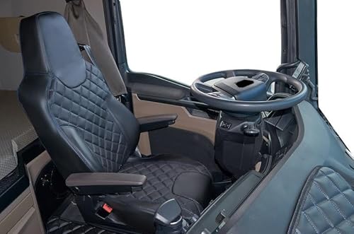 TRUCK Sitzbezüge aus Kunstleder, passend für MAN TGX ab 2021, 1 Paar, Schwarz mit blauen Nähten von Generisch