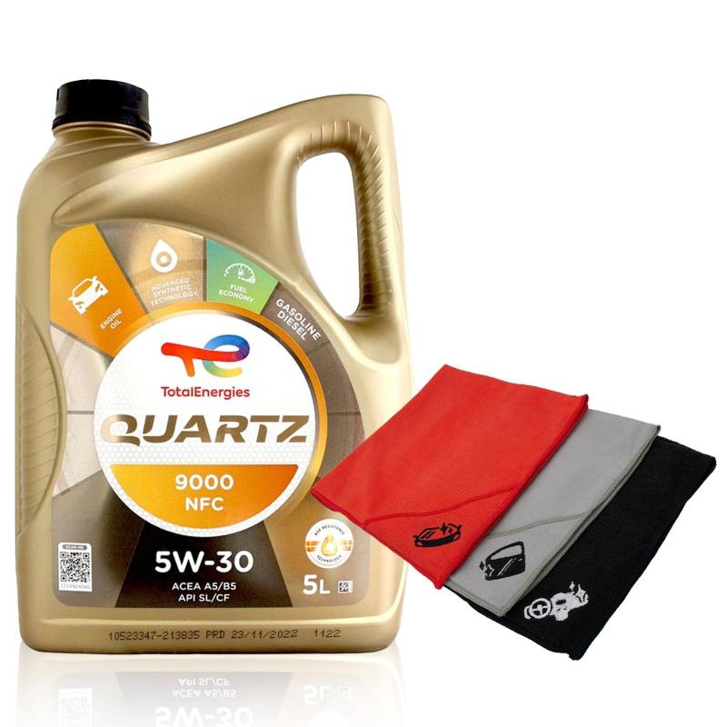 Total Quartz 9000 NFC 5W-30 Motoröl - 5L Flasche Motorenöl + 3x Microfasertücher Set (40×30 cm) von Generisch