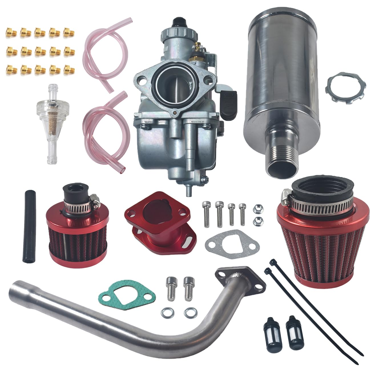 Vergaser-Kit VM22 Vergaser für mit für Ansaugkrümmer, Auspuff für Rohrschalldämpfer-Set für Predator 212 cc GX160 GX200 6,5 PS Go Kart 196 cc CT200U KT196(Rot) von Generisch