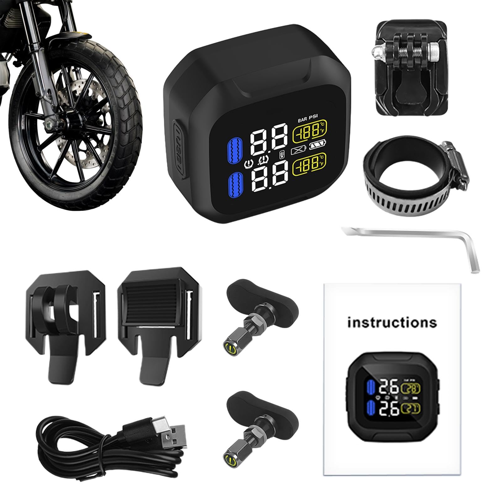 Wireless TPMS, Tire Pressure, Solar Rechargeable, Intelligent System, Motorcycle Monitor,Wireless USB Rechargeable TPMS, Intelligent Scooter TPMS For Monitoring Tires Pressure & Temperature Pressure M von Generisch