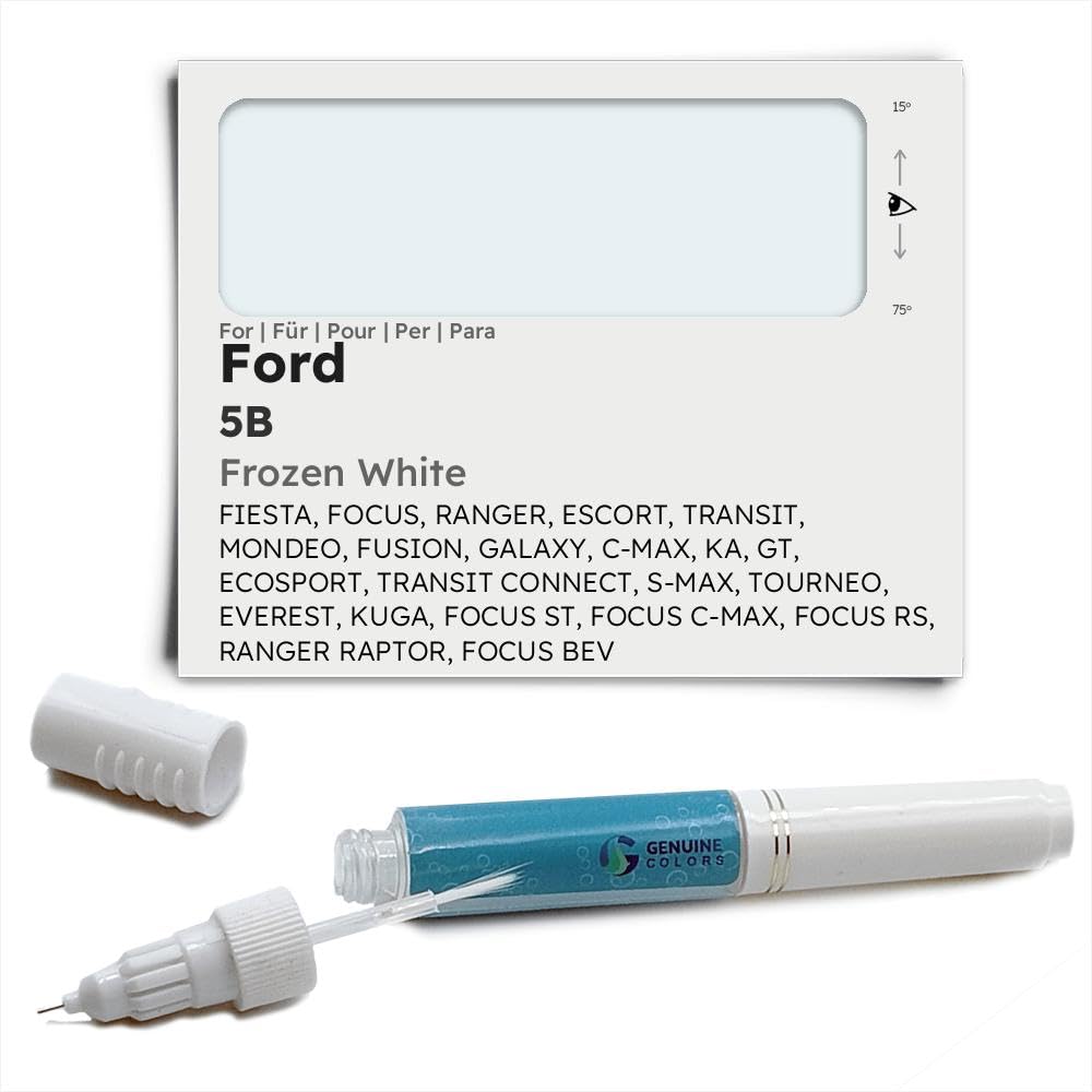 Genuine Colors Lackstift Frozen White 5B für Ford Weiß Fiesta Focus Ranger Escort Transit Mondeo Fusion Galaxy C-MAX KA GT ECOSPORT Connect S-MAX TOURNEO Everest KUGA ST RS Raptor BEV von Genuine Colors