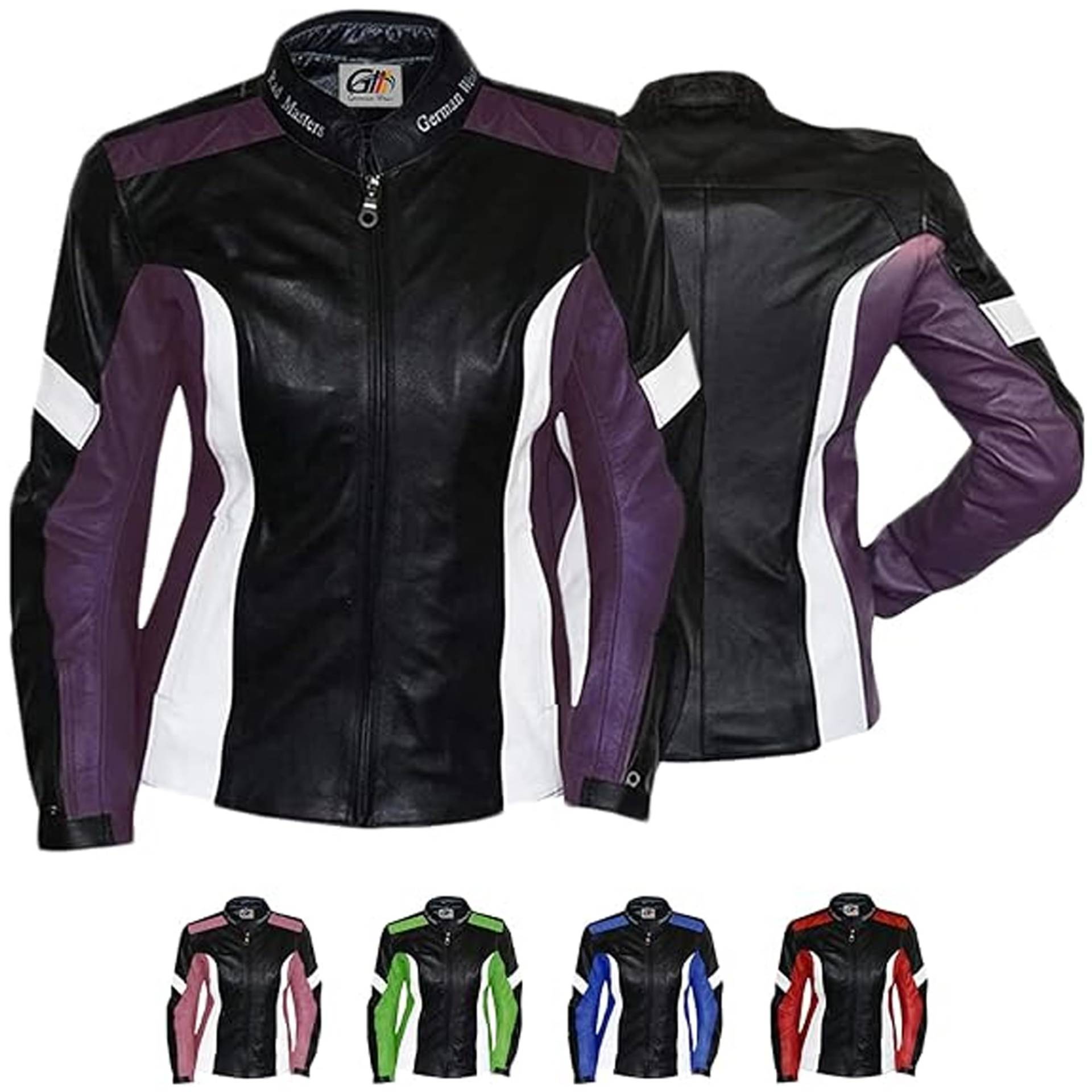 German Wear Damen Lederjacke Motorradjacke, Schwarz/Lila/Weiß, 2XL von German Wear