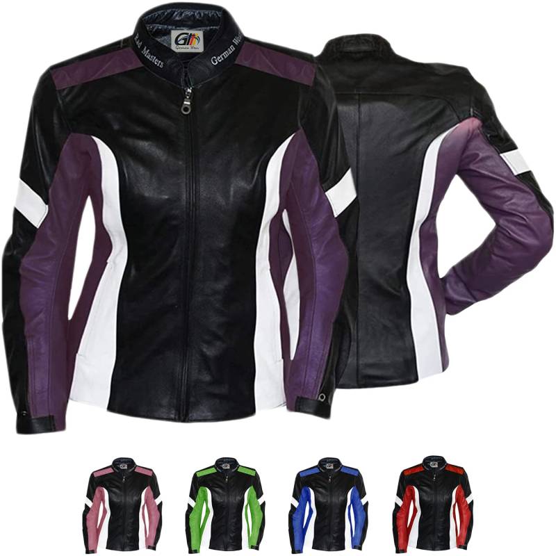 German Wear Damen Lederjacke Motorradjacke, Schwarz/Lila/Weiß, 2XL von German Wear