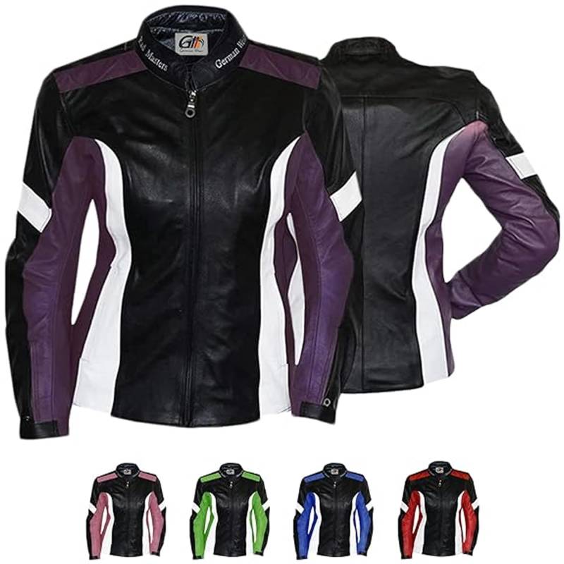 German Wear Damen Lederjacke Motorradjacke, Schwarz/Lila/Weiß, 3XL von German Wear