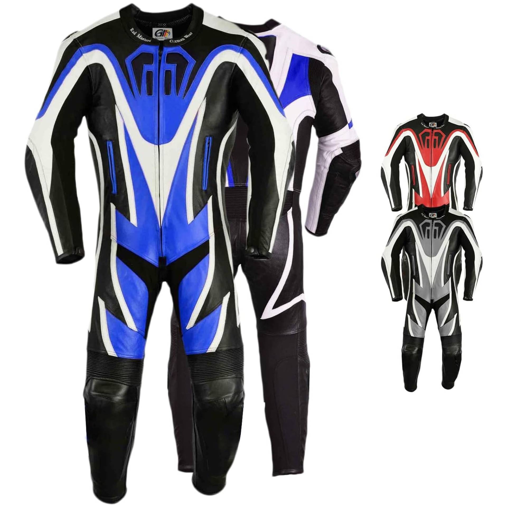 German Wear Einteiler Motorradkombi Motorrad Lederkombi aus Rindsleder echtleder Kombi, Größe:52/L, Farbe:Blau von German Wear