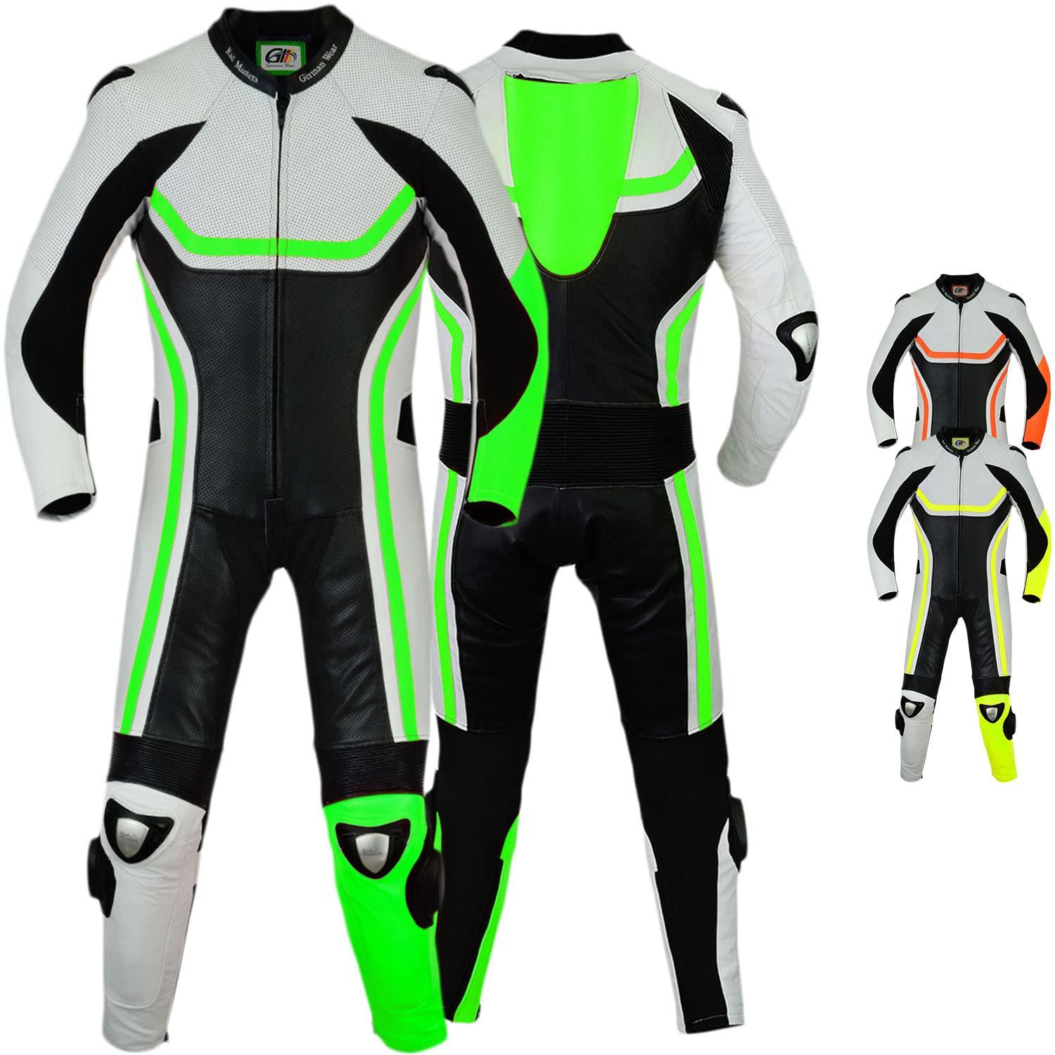 German Wear Fluoreszierender Einteiler Motorradkombi Motorrad Lederkombi aus Rindsleder echtleder Kombi, Größe:48/S, Farbe:Grün von German Wear