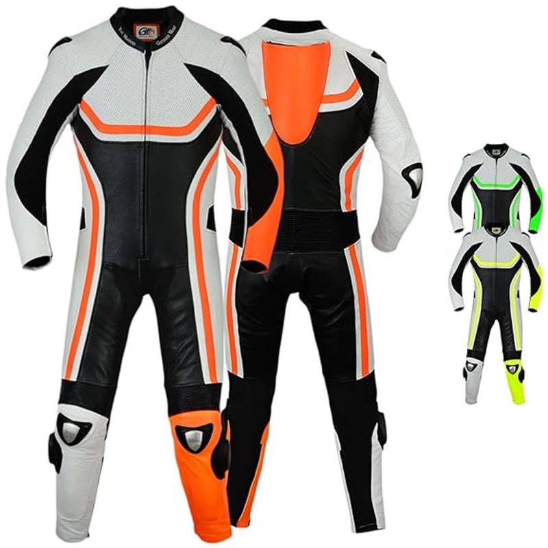 German Wear Fluoreszierender Einteiler Motorradkombi Motorrad Lederkombi aus Rindsleder echtleder Kombi, Größe:50/M, Farbe:Orange von German Wear