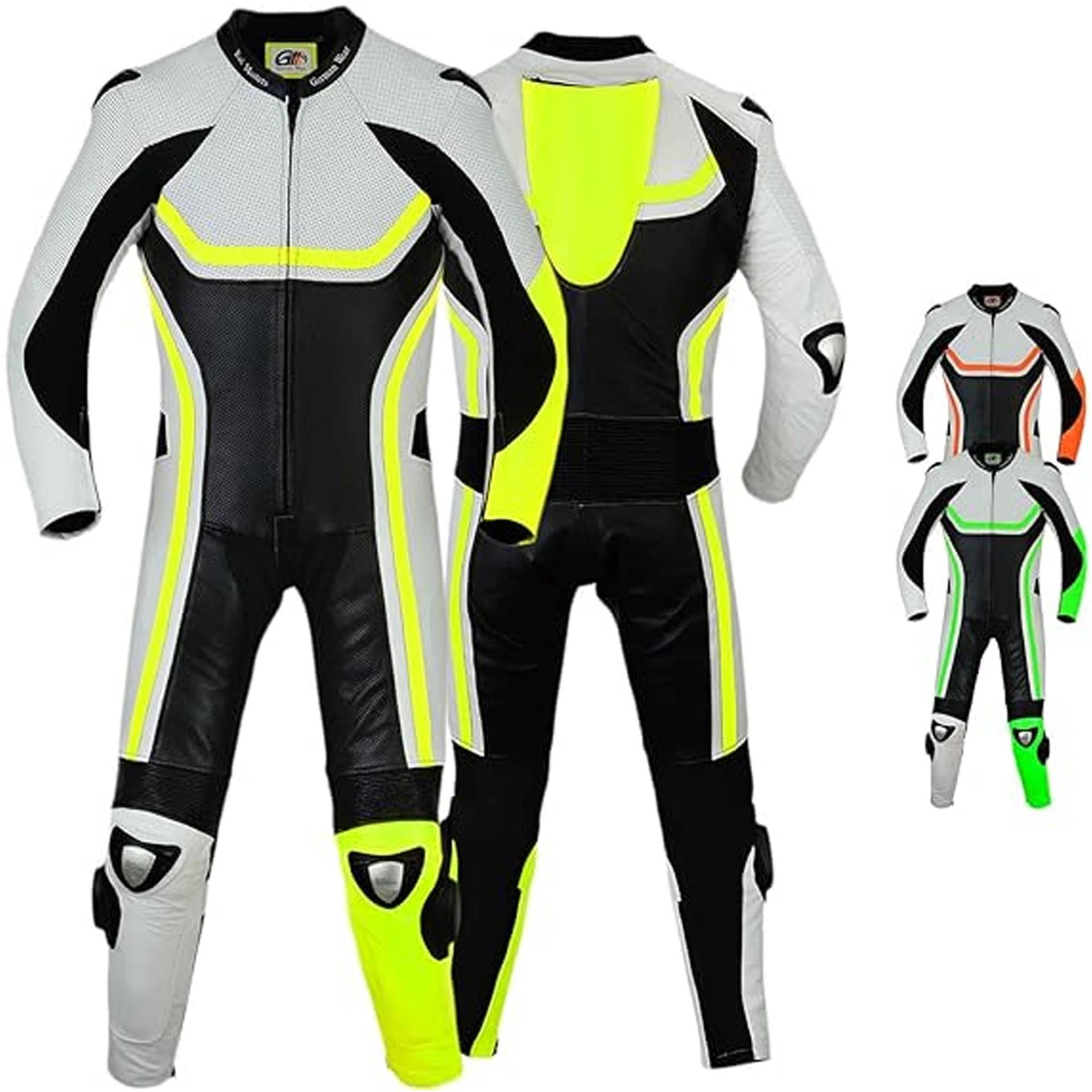 German Wear Fluoreszierender Einteiler Motorradkombi Motorrad Lederkombi aus Rindsleder echtleder Kombi (52/L, Gelb) von German Wear