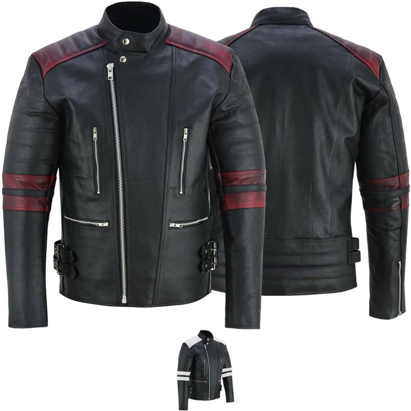 German Wear Leder Motorradjacke Oldschool Retro, Schwarz/Rot, 54 von German Wear