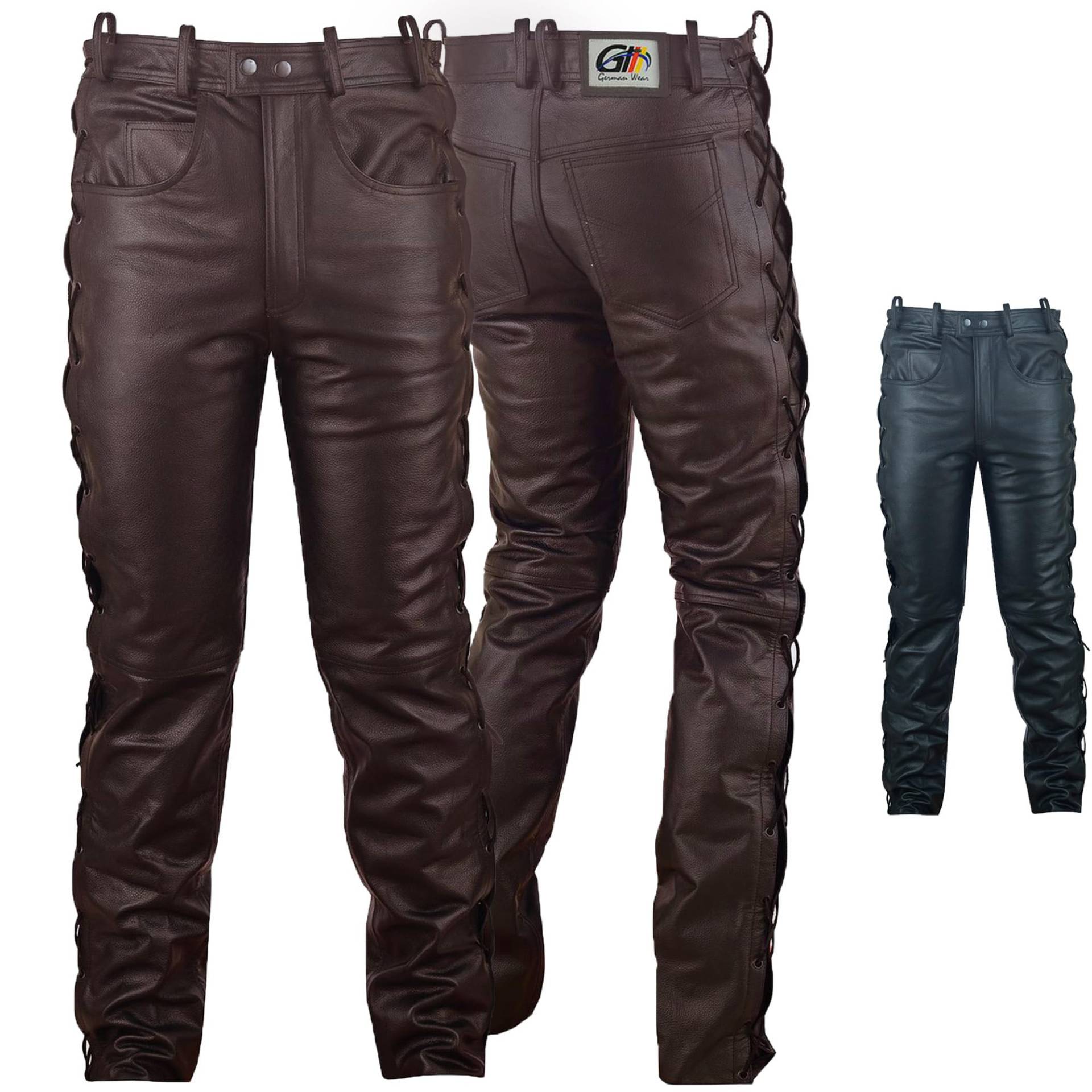 German Wear Lederhose lederjeans bikerjeans Büffelleder seitlich geschnürt Braun, Größe:60/4XL von German Wear