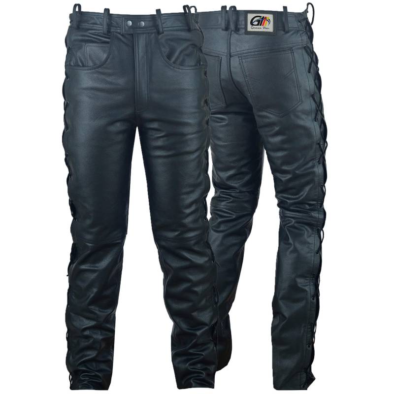 German Wear Lederhose lederjeans bikerjeans Büffelleder seitlich geschnürt Schwarz, Größe:48 von German Wear