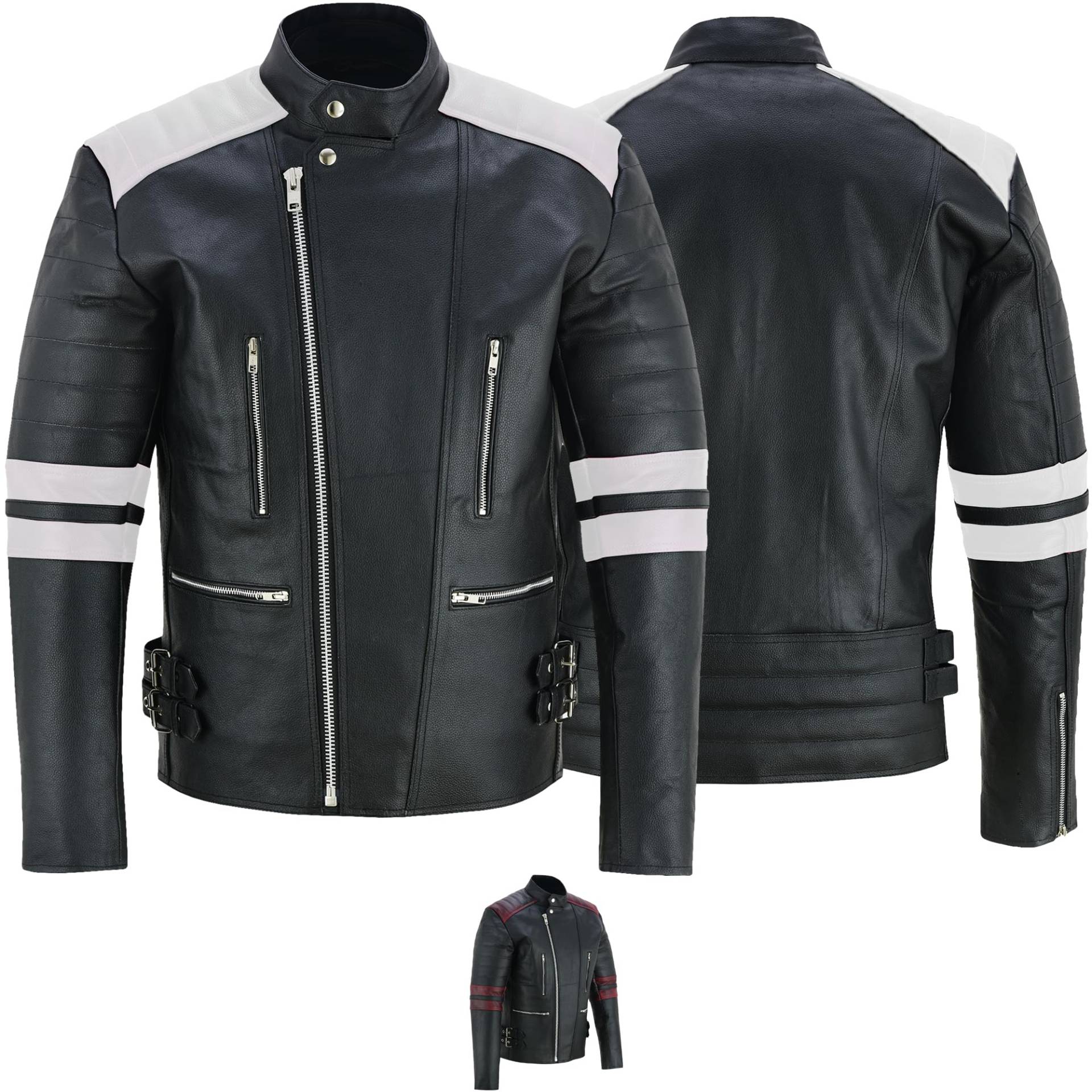 Germanwear Motorradjacke Oldschool Retro Lederjacke aus Rindsleder Jacke Schwarz/Weiss, Größe:56 von German Wear