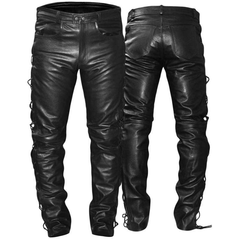 German Wear Lederhose lederjeans bikerjeans Büffelleder seitlich geschnürt Schwarz, Größe:60 von German Wear