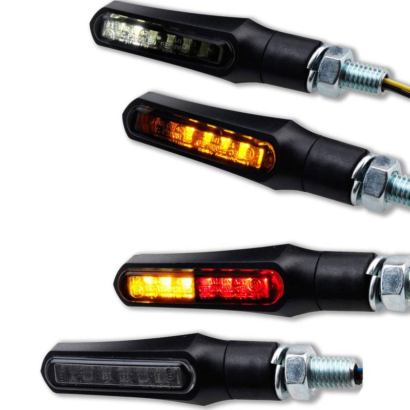 Germany Motorsports LED Mini Motorrad Blinker Shark e-geprüft schwarz universal 12V (Standlicht Blinker + 3in1 Blinker, 2 Paar) von Germany Motorsports