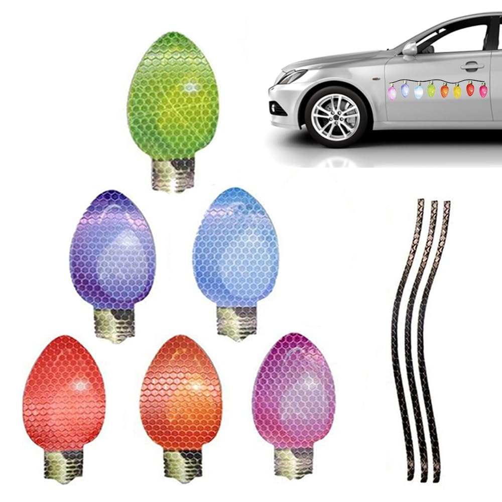 Geteawily Reflektierende Glühbirnenmagnete für Auto, bunte und reflektierende Weihnachtsauto-Dekoration, magnetische Weihnachtslichter, Autoaufkleber für Weihnachtsdekoration von Geteawily