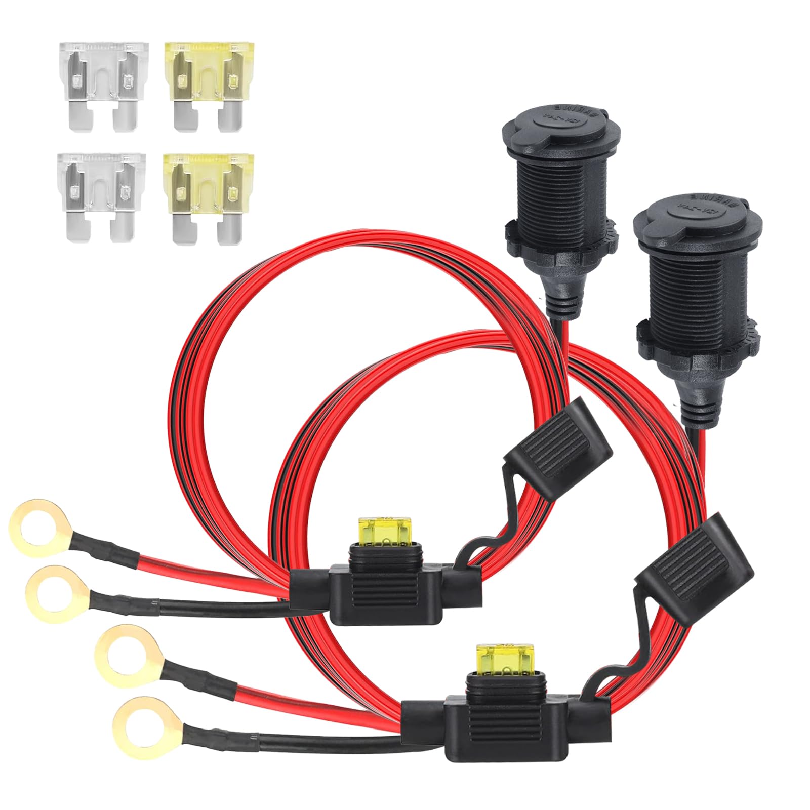 Getyjoe 2 Set 12V Auto Zigarettenanzünder Steckdose 1.2m Zigarettenanzünder Buchse mit 2 Set Sicherung Wasserdicht Marine Grade Zigarettenanzünder für 12V/24V Auto Boot Motorrad 14AWG Anschlusskabel von Getyjoe