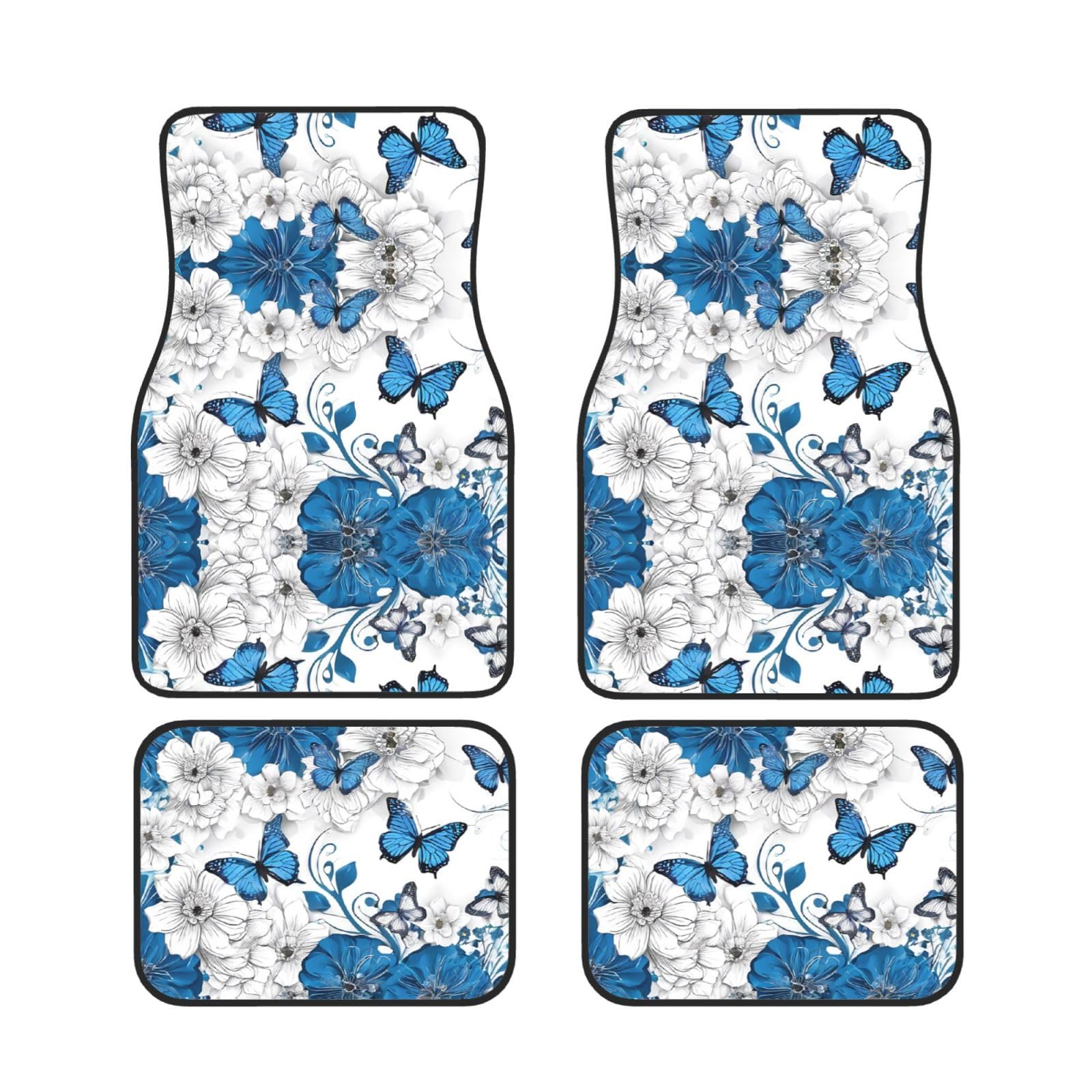 Universelle Auto-Fußmatten mit blauen Schmetterlingen und weißen Blumen, rutschfest, 4-teiliges Set mit 4 Stück, für vorne und hinten, passend für die meisten Autos, LKWs und SUVs von Gfhwpxcnb