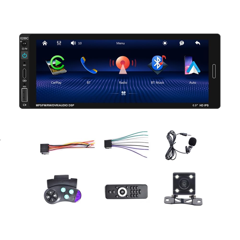 Ggnaxivs 6,9 Autoradio Single Din Autoradio Carplay Android Auto, HD Touchscreen Autoradio Bluetooth Mirror Link FM EQ SWC Teile von Ggnaxivs