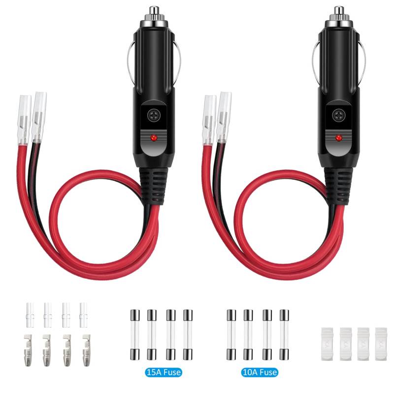 Giantdeer 2 Stück Zigarettenanzünder Stecker, Stecker Zigarettenanzünder 12V mit LED-Licht, 16AWG Auto Universalstecker 12V/24V mit 10A/15A Sicherung für Auto LKW Zigarettenanzünder Buchse(30CM) von Giantdeer