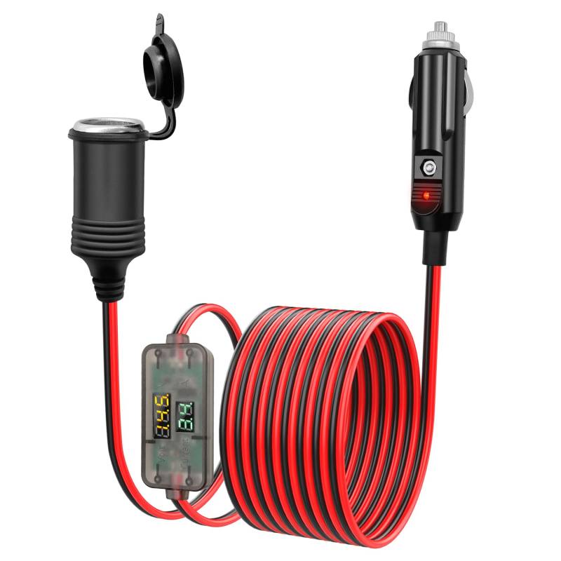 Giantdeer 2M 12V Auto Zigarettenanzünder Verlängerung mit Strom und Spannungsanzeige, 12-24V Wasserdichtes Zigarettenanzünder Buchsen Verlängerungskabel, 12V Adapter Verlängerungskabel von Giantdeer