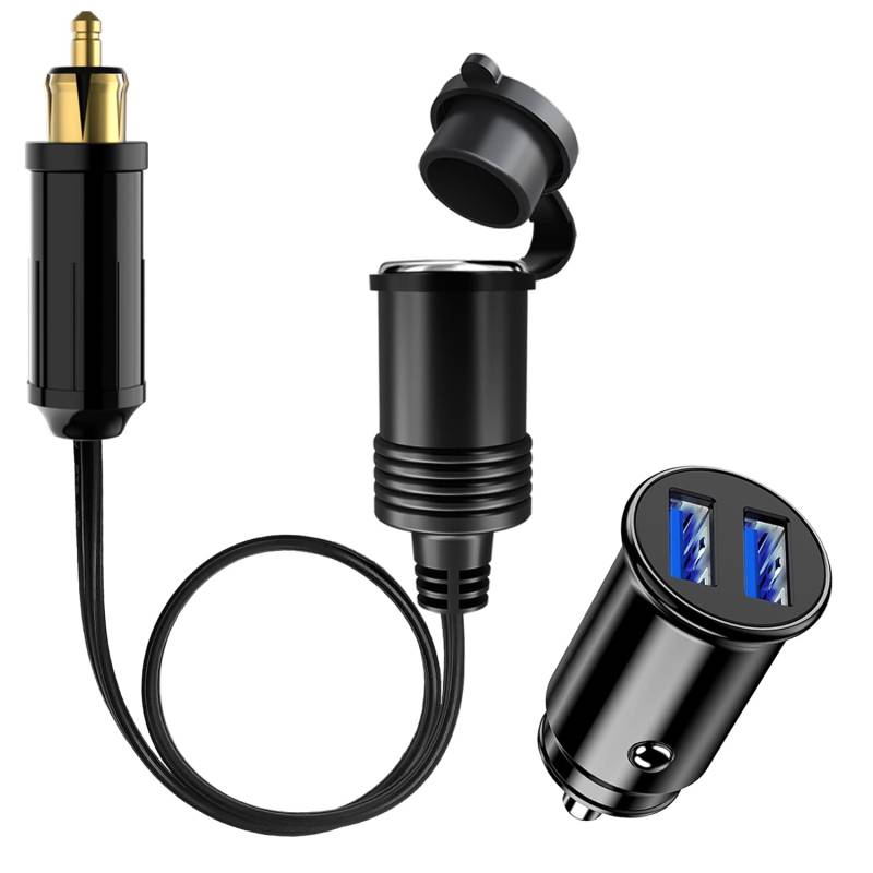 Giantdeer 30CM Din Standard Steckdosenadapter, 3.1A Din auf Standard Zigarettenanzünder Adapter Kabelverlängerung, + Dual USB Mini Schnelles Autoladegerät, für 12V/24V Auto LKW Universal von Giantdeer