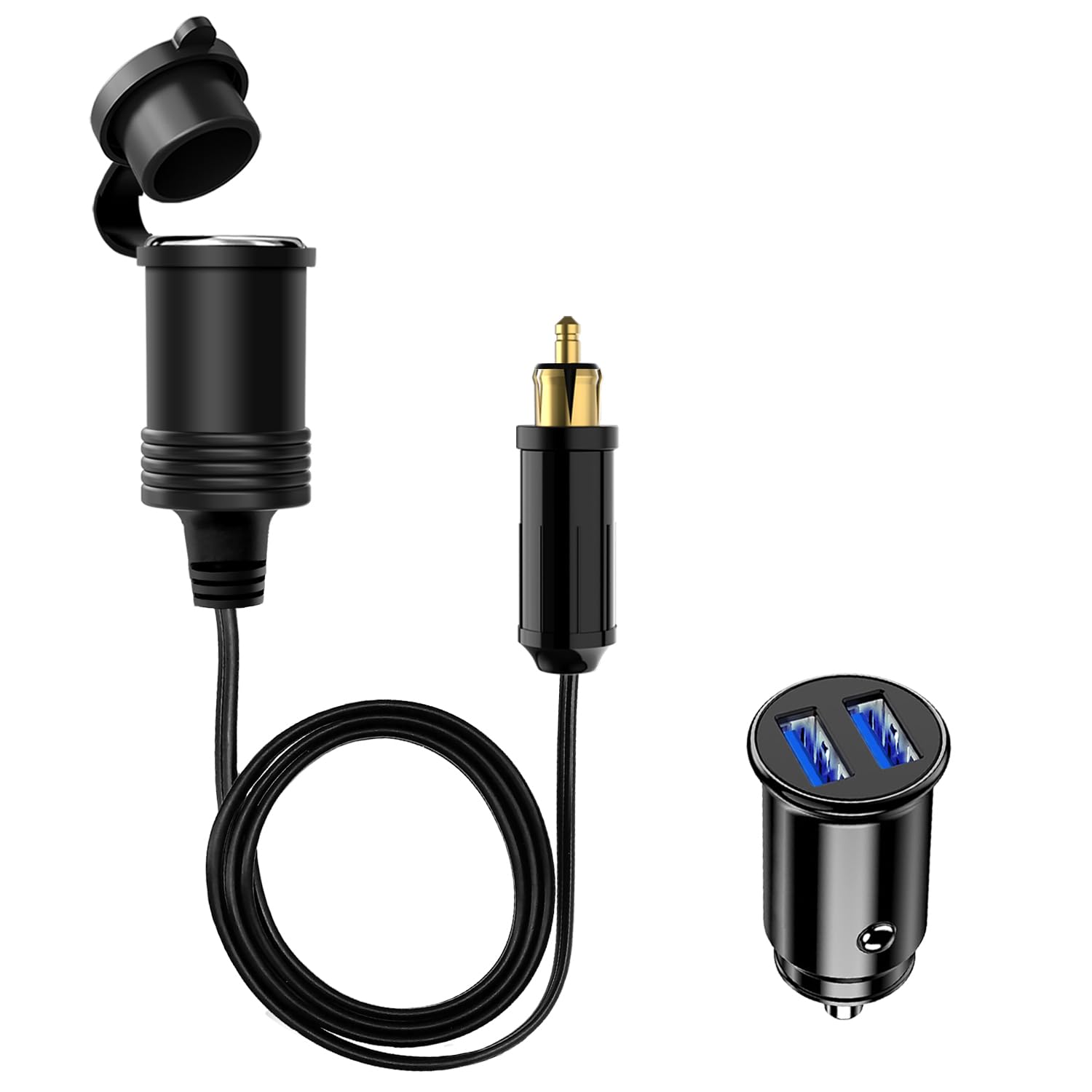 Giantdeer 90CM Din Norm Stecker für Zigarettenanzünder Steckdose, 3.1A Din auf Standard Zigarettenanzünder Adapter Kabelverlängerung, Mini Dual USB Autoladegerät, für 12V/24V Auto LKW Universal von Giantdeer