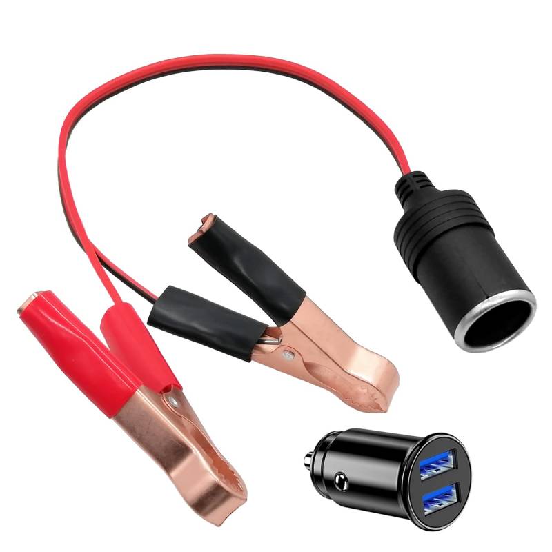 Giantdeer 30cm Auto Krokodilklemmen 12V zu Zigarettenanzünder Adapter, 18AWG Alligator Clip zu 12V Auto Zigarettenanzünder Kabel + 5V/3.1A Mini Dual USB Port Auto Ladegerät von Giantdeer