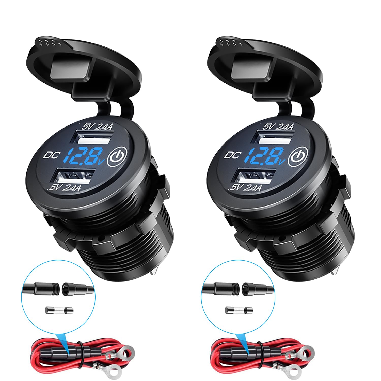 Giantdeer 2PCS Dual USB 12V Steckdose mit LED Digital Voltmeter und Schalter, 4.8A Wasserdichtes Einbau USB Steckdose, Zigarettenanzünder USB Einbaubuchse für 12V/24V Autos Motorräder LKWs(Blau) von Giantdeer