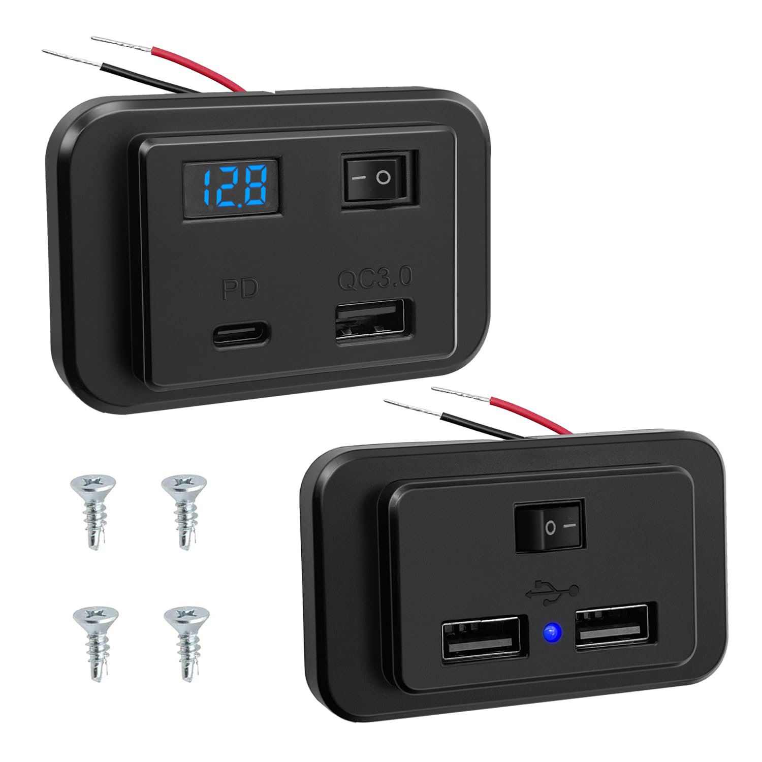 Giantdeer 2PCS PD+QC3.0 12V Autosteckdose USB mit Schalter und LED Voltmeter, 40W Dual USB C Steckdose 12V Wohnmobil+4.8A Dual 12V USB Ladebuchse Panel für 12V-26V Auto/Wohnmobil/Boot von Giantdeer