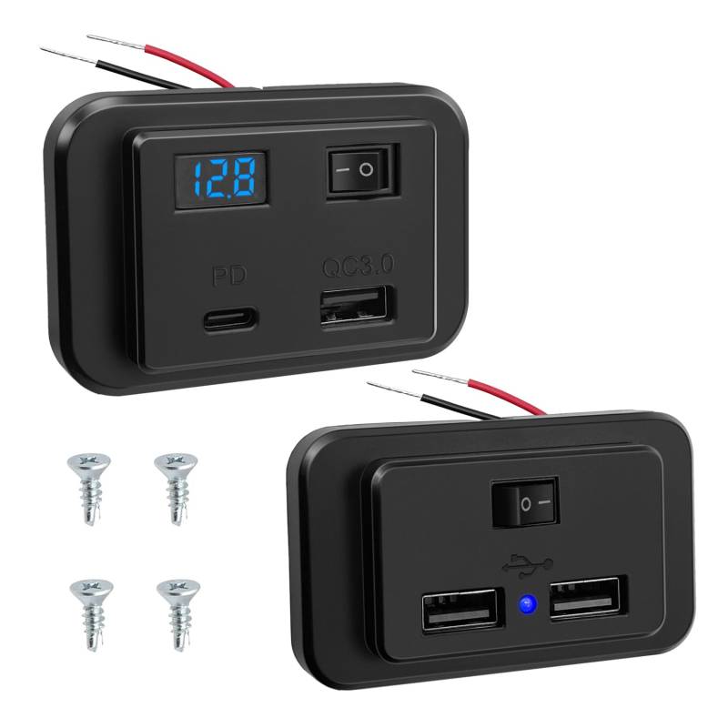 Giantdeer 2PCS PD+QC3.0 12V Auto Ladegerät Ladebuchse mit LED Voltmeter und Schalter, 40W Dual USB C Steckdose 12V Wohnmobil+4.8A Dual USB Schnellladung Steckdose Panel für 12V-26V Auto/Wohnmobil/Boot von Giantdeer