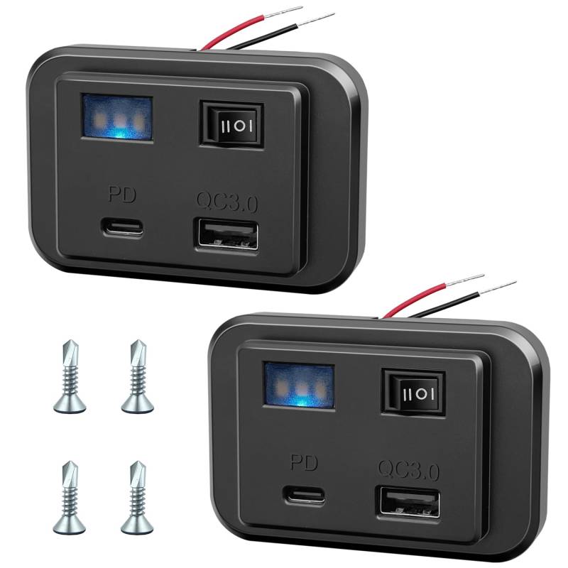 Giantdeer 2PCS USB Steckdose 12V, Typ C und QC3.0 Dual USB Autobuchse mit Schalter, Zigarettenanzünder Steckdose Panel mit Nachtlicht, USB Einbaubuchse für 12V/24V Autos/Wohnmobile/LKWs/Boote von Giantdeer