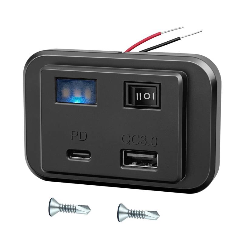 Giantdeer USB Steckdose 12V, Typ C und QC3.0 Dual USB Autobuchse mit Schalter, Zigarettenanzünder Steckdose Panel mit Nachtlicht, USB Einbaubuchse für 12V/24V Autos/Wohnmobile/LKWs/Boote von Giantdeer