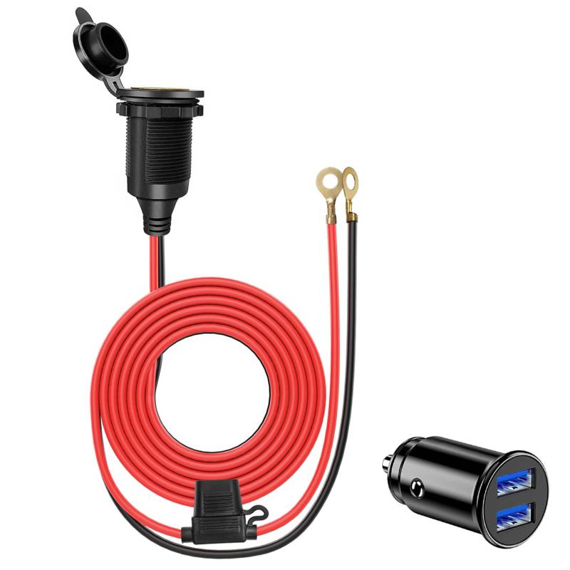 Giantdeer 2M 12V Heavy Duty Zigarettenanzünder Buchse zu O Ring Terminal，Wasserdichte 12V Zigarettenanzünder Steckdose mit Verlängerungskabel, 14AWG 20A kabel, Dual USB Mini-Ladegerät für Auto/Boot von Giantdeer