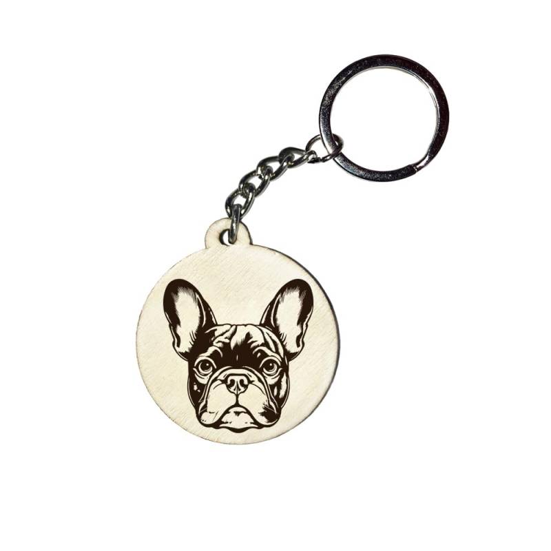 Girahlutions Holz Schlüsselanhänger Hundemarke Rund Ø 35mm Hunderasse Gravur Ihr Hund mit Name Wunschname Personalisiert Französische Bulldogge von Girahlutions