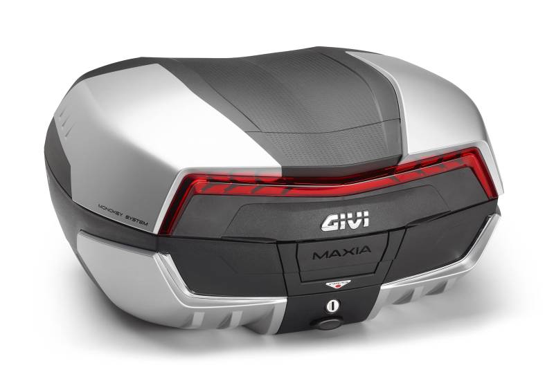 GIVI Topcase Monokey System Kofferraum V58N MAXIA 5 für Roller Motorrad 2 Helme 58 Liter Topcase hinten schwarz mit rotem Rückstrahler und vier Abdeckungen lackiert in Aluminiumfarbe von Givi