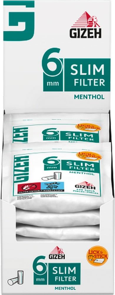 GIZEH Slim Filter Menthol 6 mm Durchmesser – Menthol Filter mit Klebefläche für besseren Halt im wiederverschließbaren Zip-Beutel - 10er Pack á 120 Filter in 15 mm Länge von Gizeh