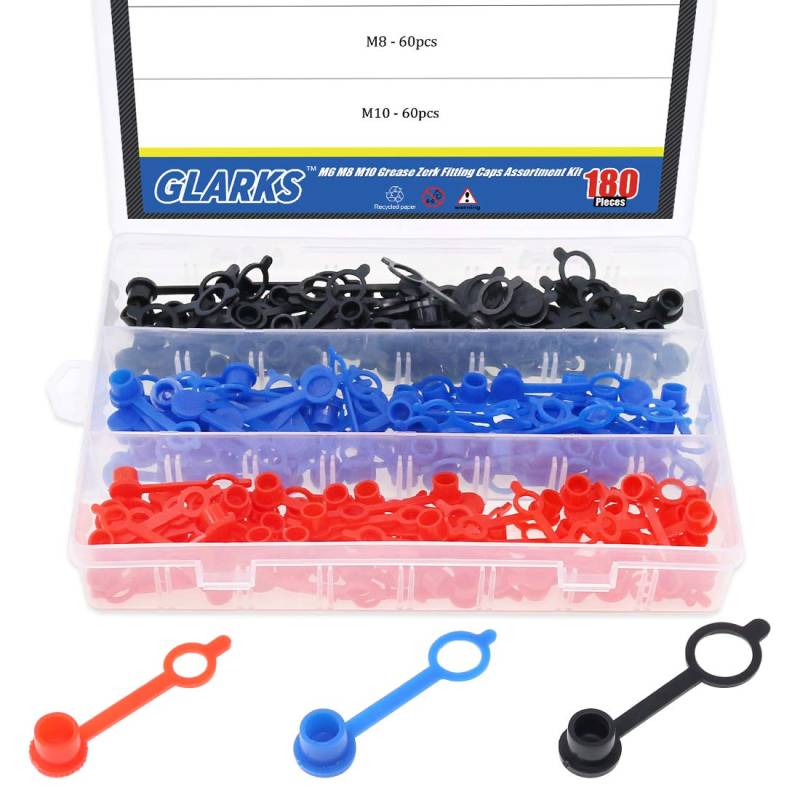 Glarks 180 Stück M6 (rot) M8 (gelb) M10 (schwarz) Fett Zerk Fitting Caps Sortiment Kit Bremsenentlüfter Schraubkappen Staubschutz mit Halter von Glarks