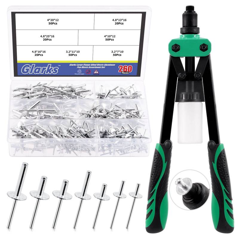 Glarks 261Pcs Rivet Gun with Large Flange Pop Rivets Set 13" Heavy Duty Handle Riveter and 260Pcs 7 Sizes Aluminum Large Flange Blind Rivets Assortment Kit for Metal, Automotive, Boat von Glarks