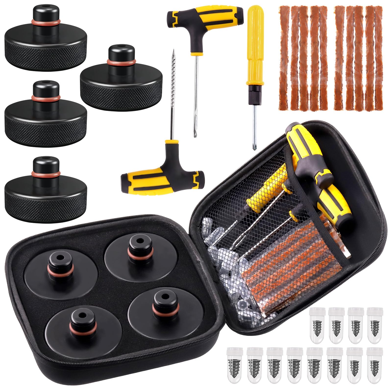 Glarks 29-teiliges Hebewagen-Pad-Set, Gummi-Wagenheber-Pad-Adapter, Autoreifenreparatur-Werkzeug mit Reparaturstreifen, Reifenreparatur-Gummi-Nagel, Reifenreparatur-Gummi-Nagel und von Glarks