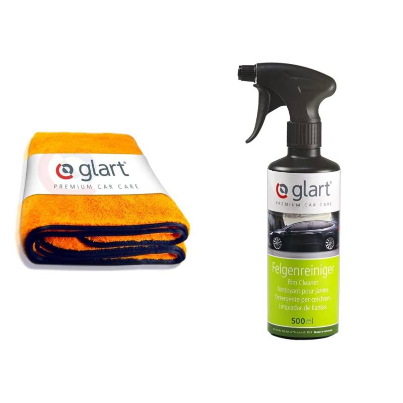 Glart 44WG Watergate super saugfähiges Auto Mikrofasertuch-Trockentuch, 60x90 cm, orange & 45FR Auto Felgenreiniger 500 ml, Autopflege wie Felgenteufel, mit Farbindikator auf Alufelgen von Glart