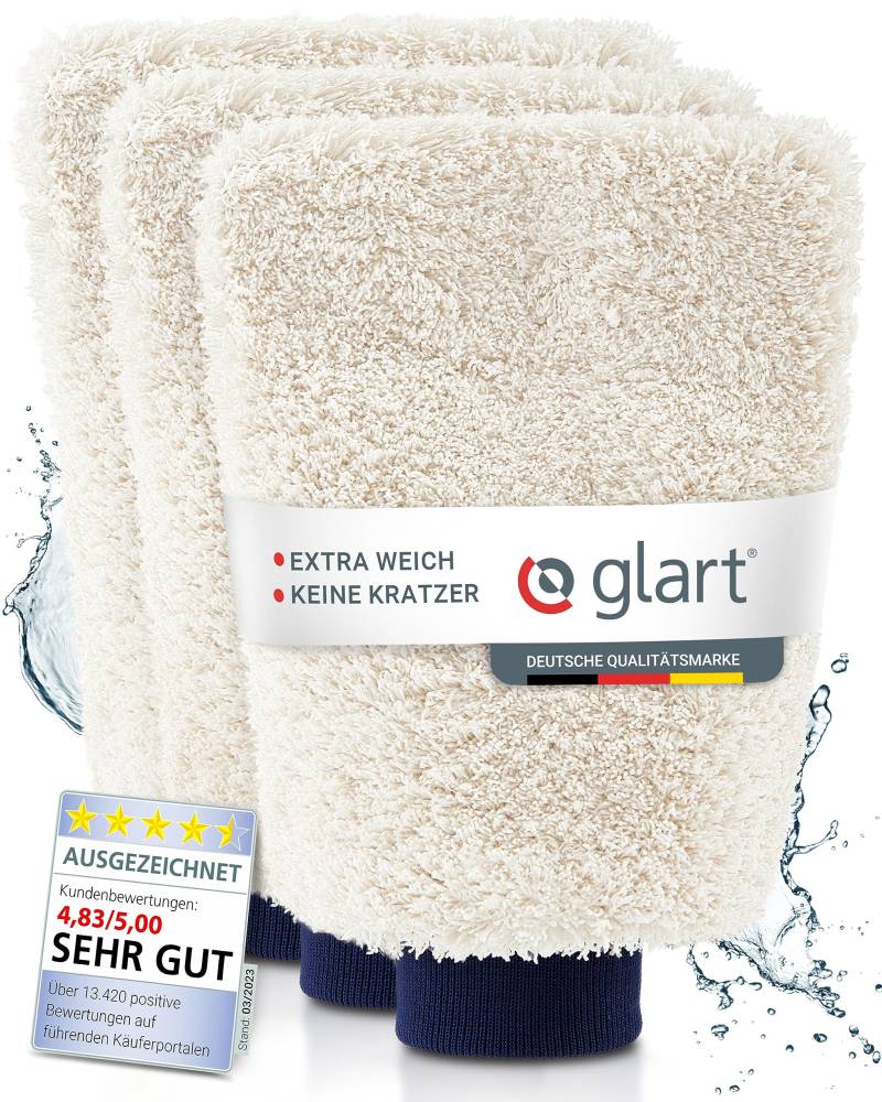 Glart Mikrofaser Waschhandschuh Auto - 3er Set - Premium Auto Waschhandschuh für professionelle Autopflege - 100% kratzfreier & schonender Mikrofaser Handschuh Auto - Ultra weich & extrem saugstark von Glart