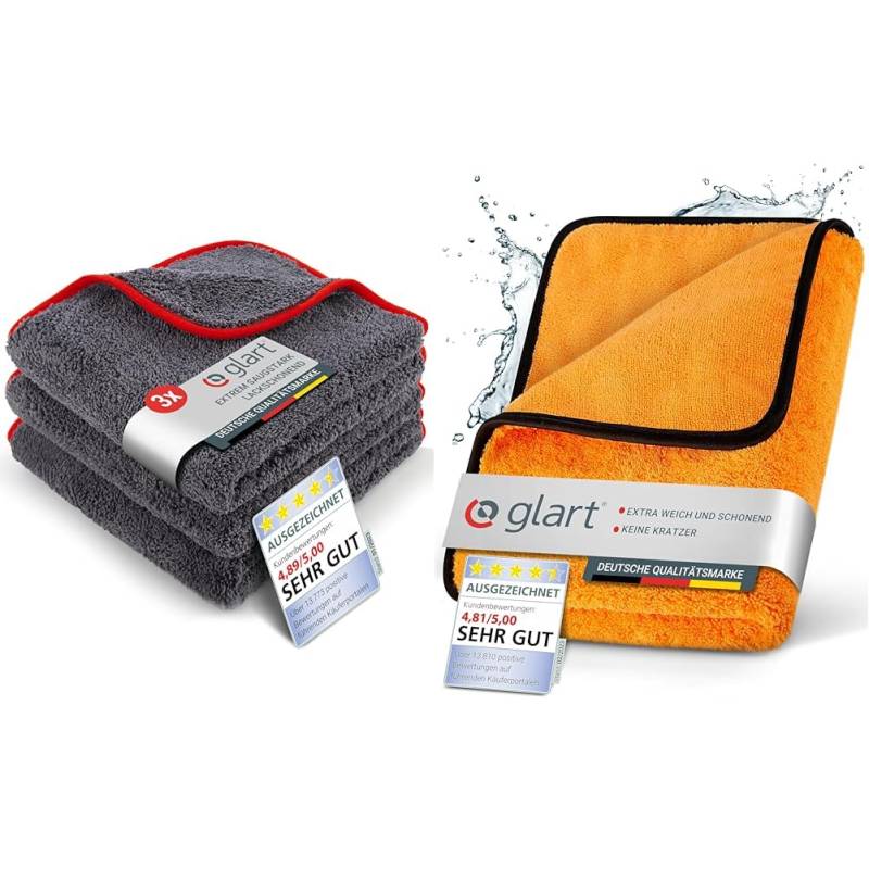 Glart Poliertuch 3er Set & Auto Trockentuch XXL - Premium extra saugstark - 90x60cm Mikrofasertuch zum kratzfreien Trocknen vor Autopolitur & nach Felgenbürste - Großes Mikrofaser – Orange von Glart