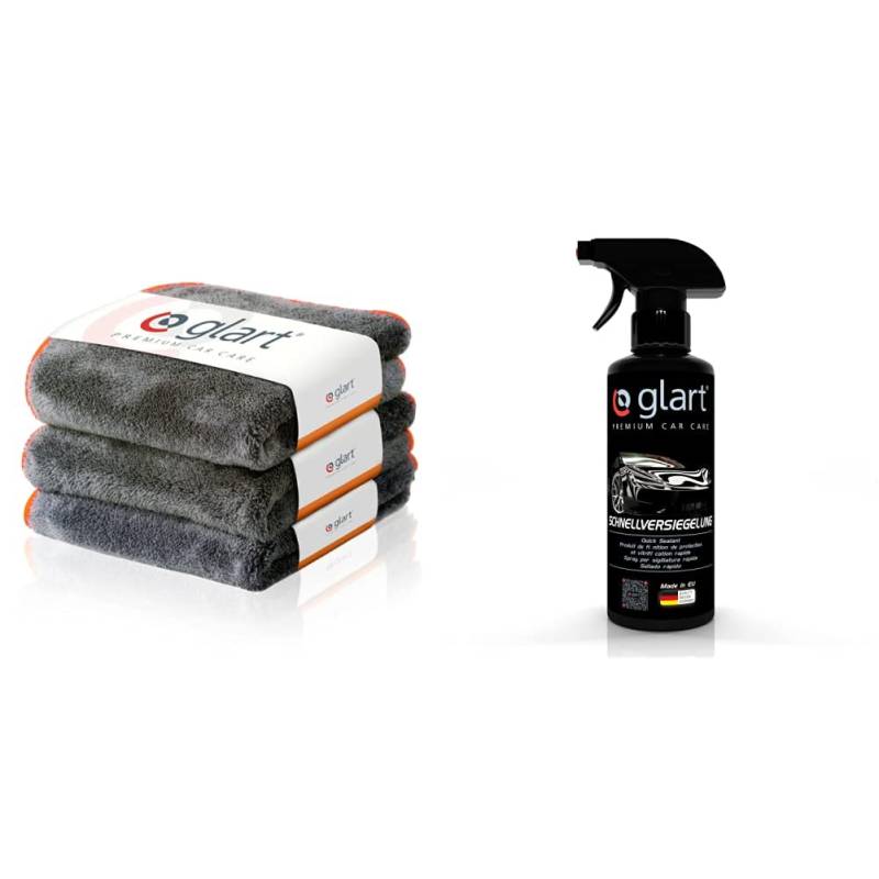 Glart Premium Flausch 3er Set aus ultraweichen Microfasern, anthrazit mit oranger Kante, 40 x 40 cm, 443TPO + Glart 45SV Auto Lack Schnellversiegelung, schnelle Anwendung für Hochglanz, 500 ml von Glart