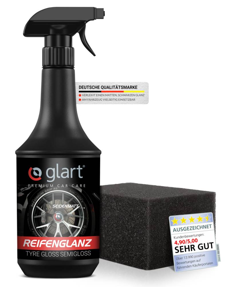 Glart Reifenglanz Reifenglanzspray - Tire Shine, Reifen Schwarz, für matten Seidenglanz - 1000ml Reifenpflege Auto inkl. Auftragsschwamm für Reifen Glanz & Profi Autopflege - Gummi Pflegemittel Auto von Glart