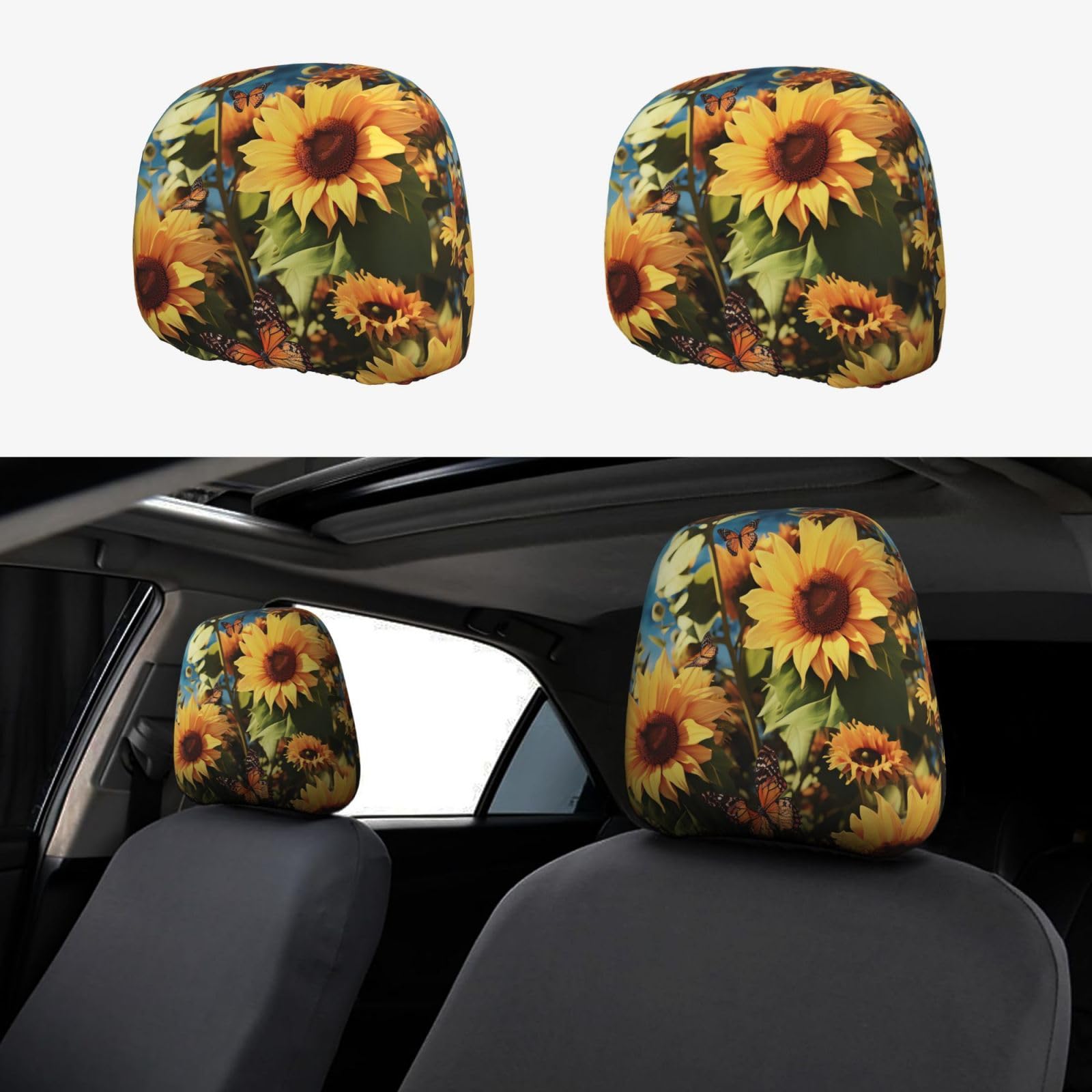 GlbnSHeric Autositz-Kopfstützenbezüge, Sonnenblumen und Schmetterlinge, Kopfstützenbezüge für Auto, personalisierbar, Autositz, Kopfstützenbezug, Autozubehör, Kopfstützenschutz für LKW, SUV, 2 Stück von GlbnSHeric