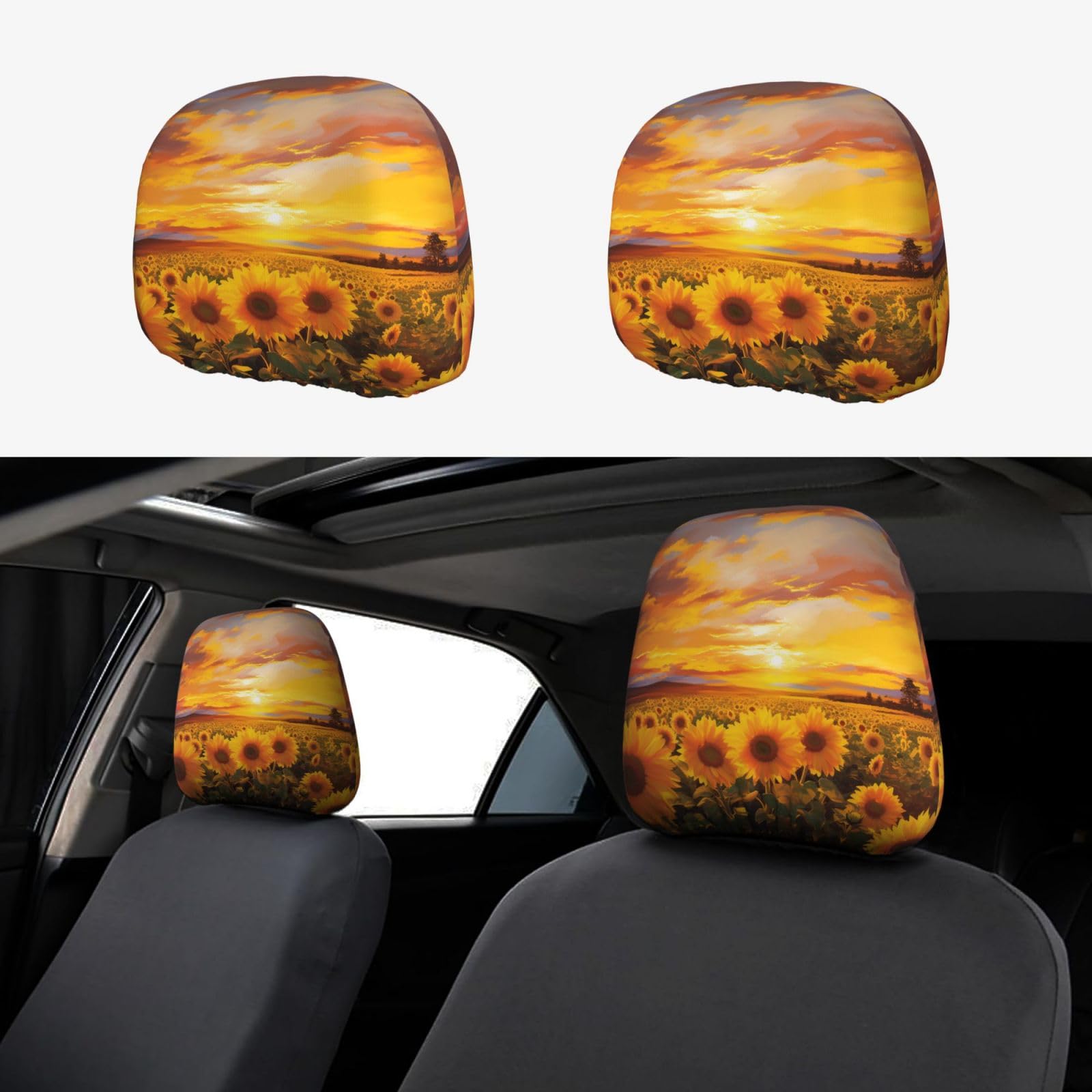 GlbnSHeric Autositz-Kopfstützenbezüge, Sonnenblumenfeld, Sonnenuntergang, Kopfstützenbezüge für Auto, personalisierbar, Autositz, Kopfstützenbezug, Autozubehör, Kopfstützenschutz für LKW, SUV von GlbnSHeric