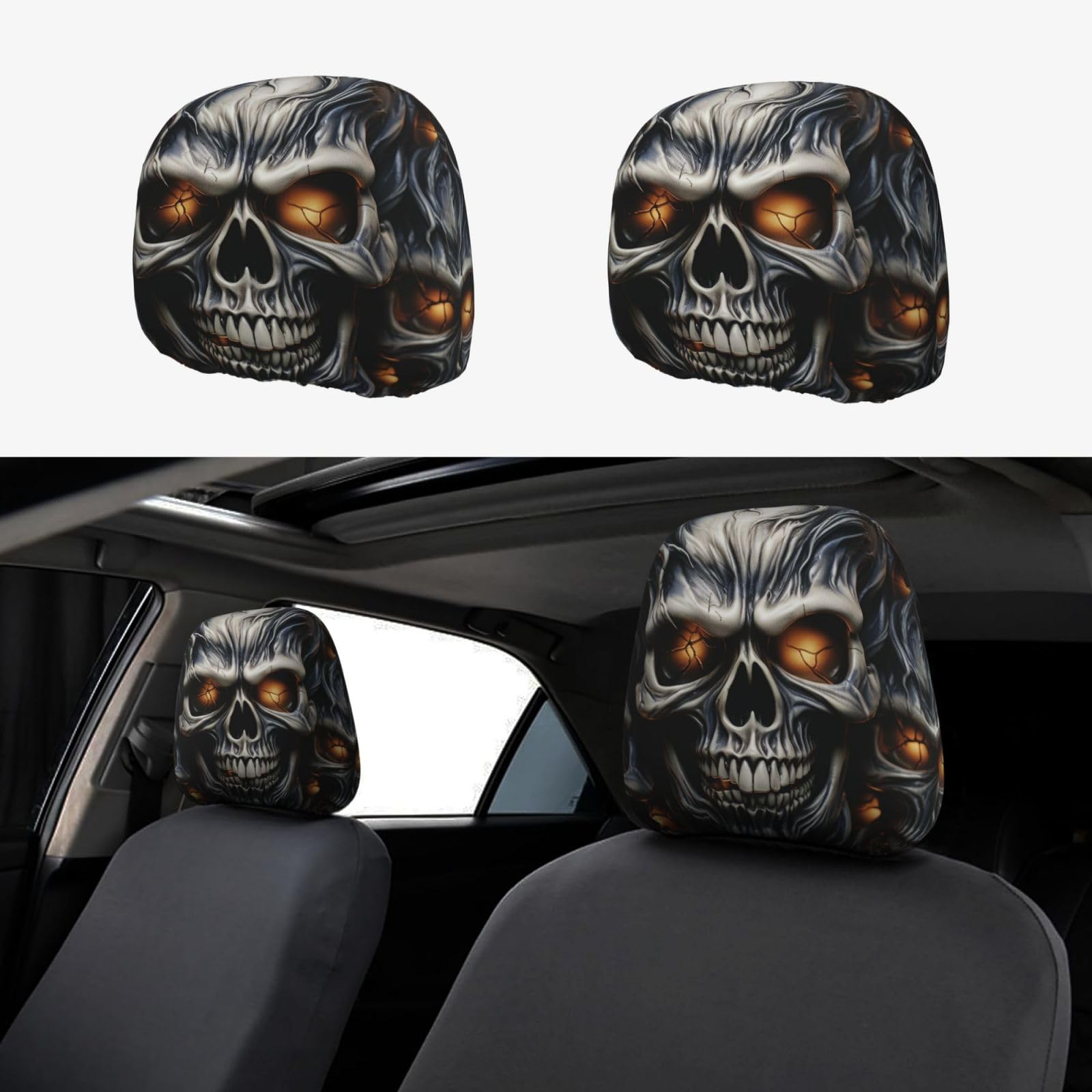 GlbnSHeric Autositz-Kopfstützenbezüge, cooler böser Totenkopf-Kopfstützenbezug für Auto, personalisierbar, Autozubehör, Kopfstützenschutz für LKW, SUV von GlbnSHeric