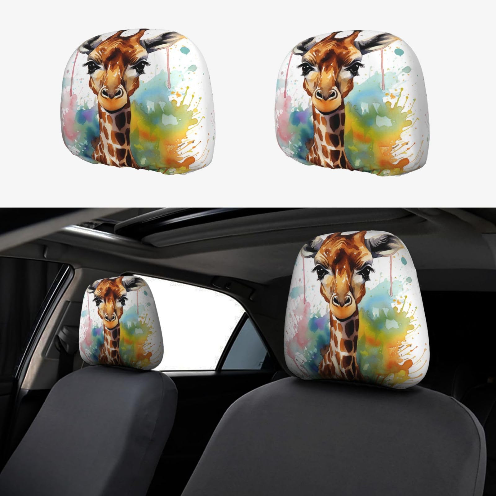 GlbnSHeric Autositz-Kopfstützenbezüge, niedliche Giraffe, Aquarell, Kopfstützenbezüge für Auto, personalisierbar, Autositz, Kopfstützenbezug, Autozubehör, Kopfstützenschutz für LKW, SUV, 2 Stück von GlbnSHeric