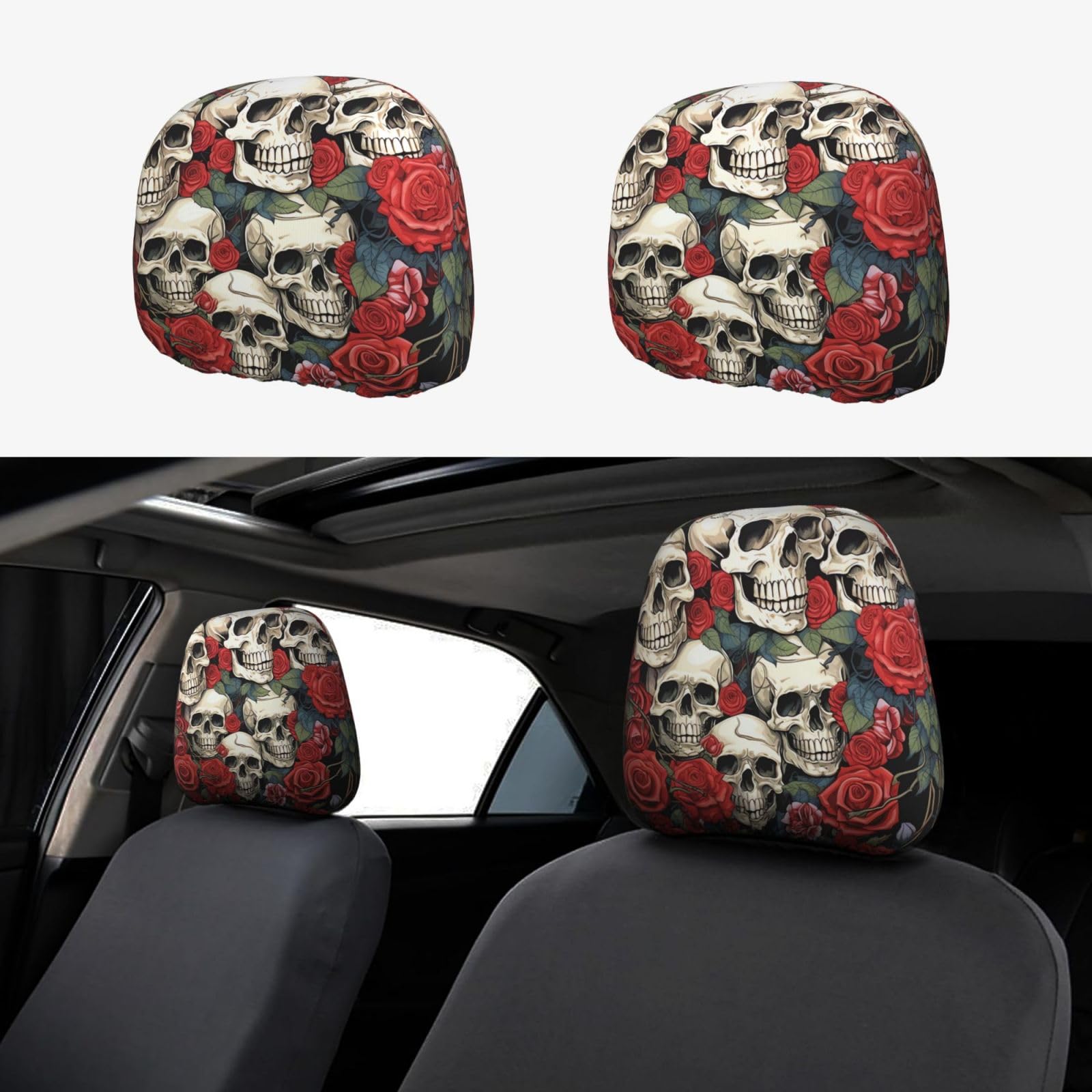 GlbnSHeric Autositz-Kopfstützenbezug, coole Totenkopf- und Rosen-Kopfstützenbezüge für Auto, personalisierbar, Autositz, Kopfstützenbezug, Autozubehör, Kopfstützenschutz für LKW, SUV von GlbnSHeric